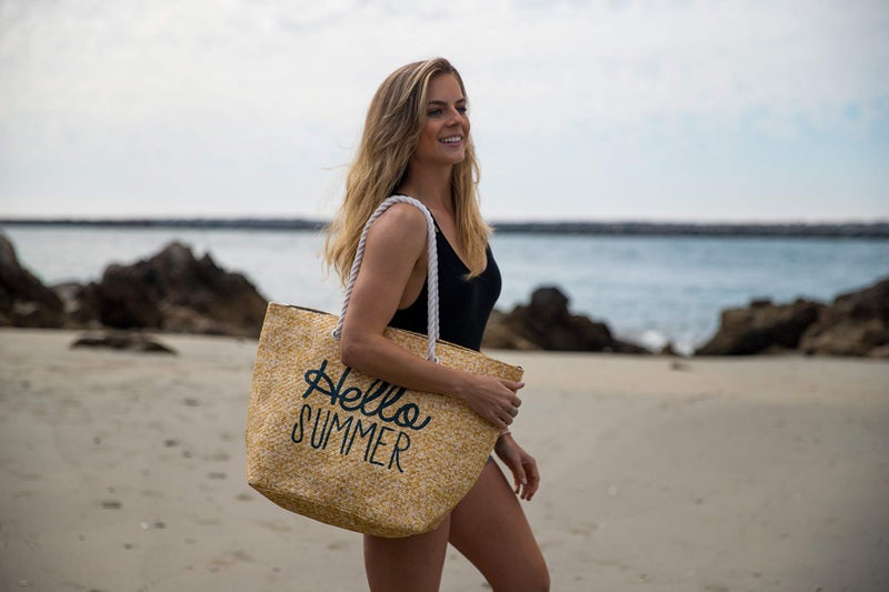 Funky Junque Women's Hello Beaches Beach Bag, Summer Tote Bag with Drink, Beach Please Large Straw Shoulder Bag - Image 4